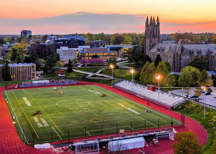 Arial Shot of soccer field with campus in background